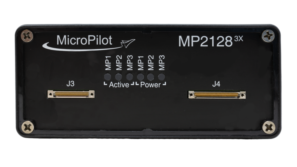 MicroPilot MP21283X triple-redundancy UAV autopilot hardware system against a black background.